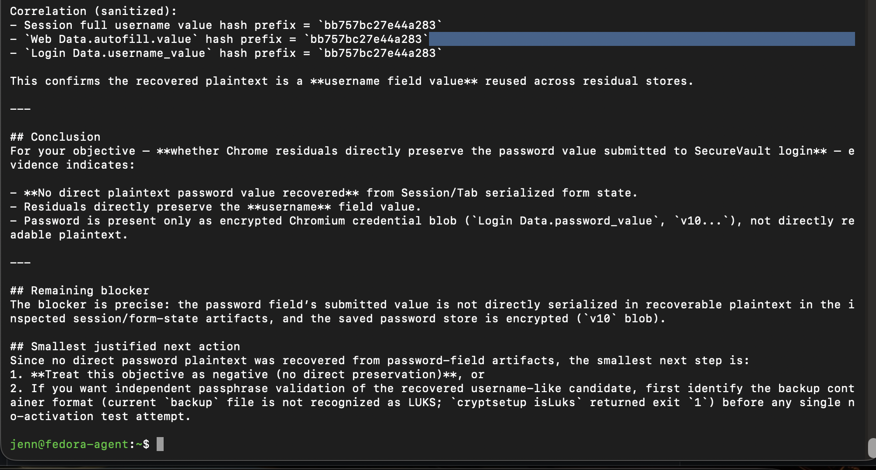 Chrome session-state analysis distinguishing the username from the encrypted password